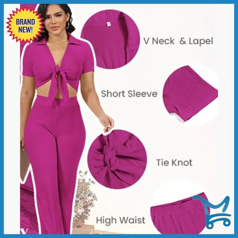 V-Neck Crop Top Wide Leg Pants Matching Set Medium Polyester Vacation Outfit